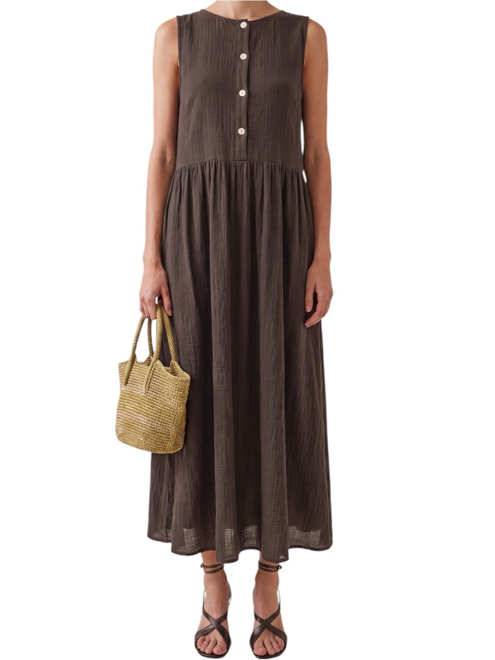 Caara Few Moda Eileen Cotton Gauze Dress Sleeveless Brown Button-Front Maxi
